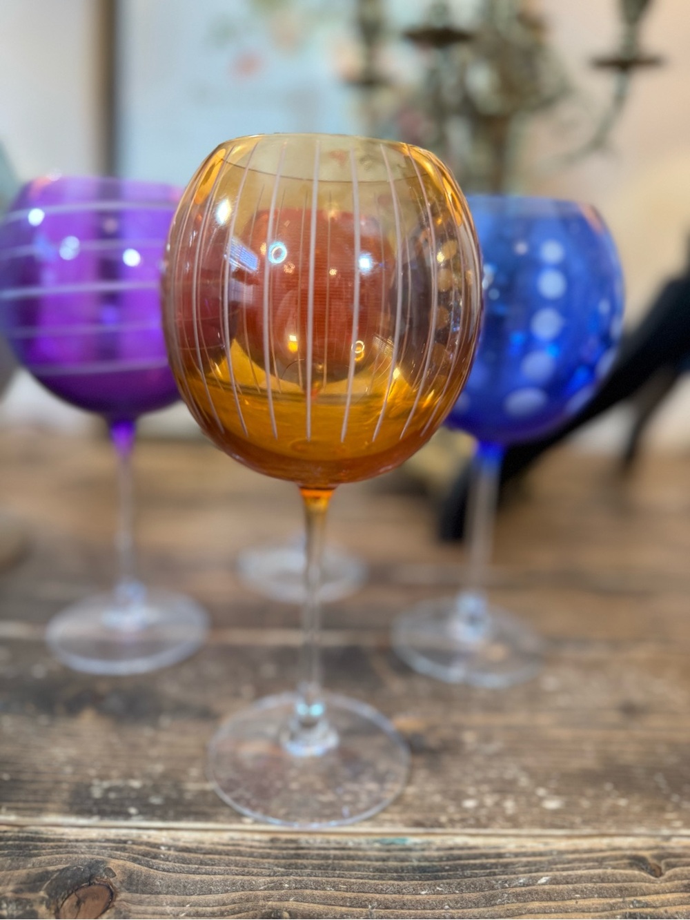 Vintage Mikasa Cheers Balloon Wine Goblet Amber vertical stripe